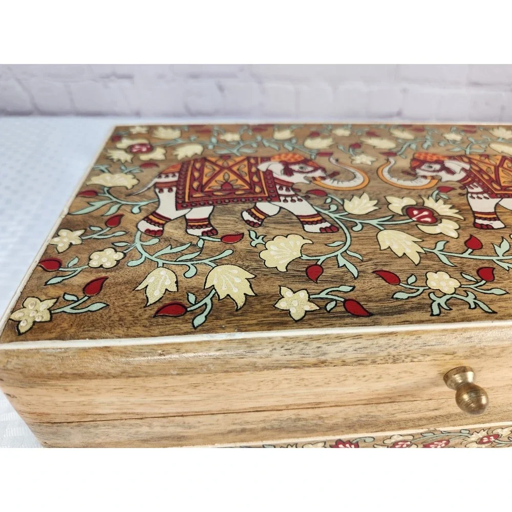 New Elephant Hand Painted Jewelry Box Treasure Chest Large Made In India Wood